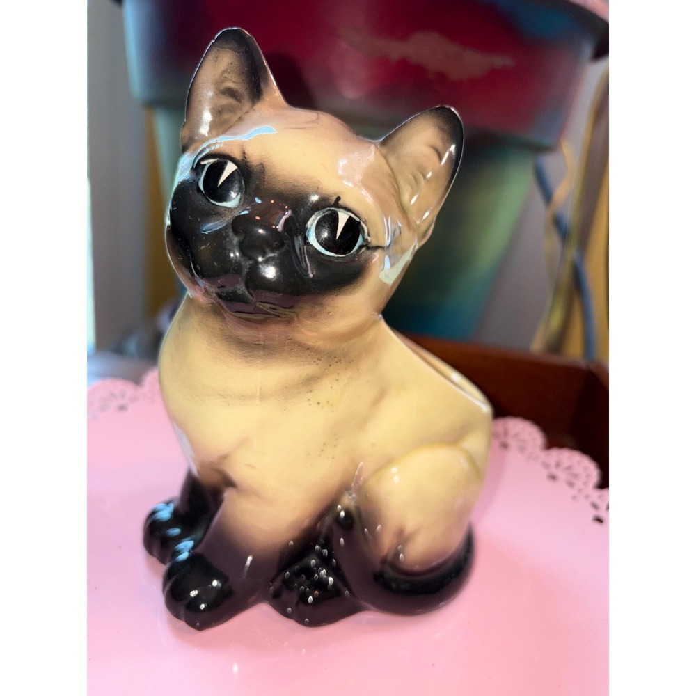 Vintage Lefton Siamese Cat Planter H 4906 Japan Ceramic Figurine Blue Eyes EVC